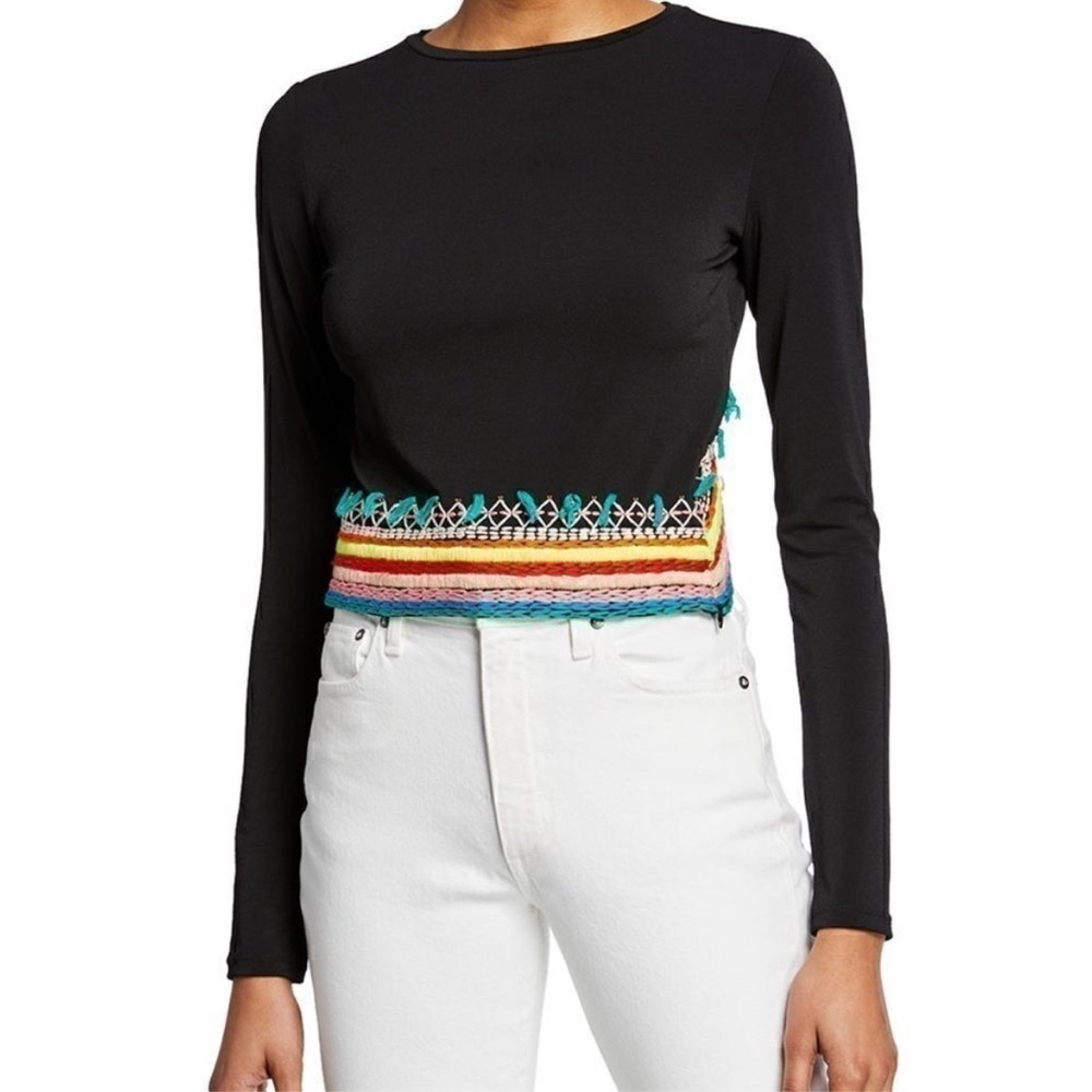 #83- Alice + Olivia Delaina Embroidered Cropped Top Black/ Multi Sz L